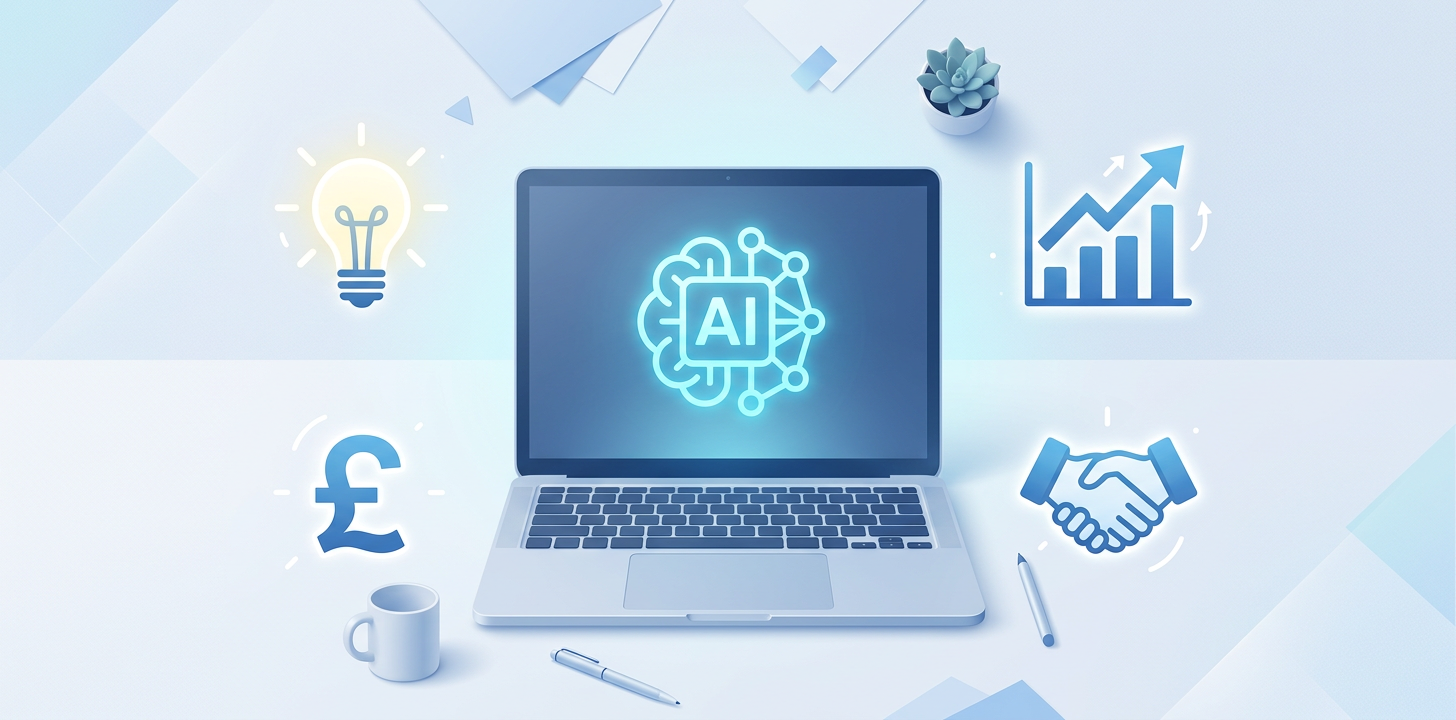 "A modern, minimalist flat-lay style illustration showing a laptop with a glowing AI/network icon on screen, surrounded by small business icons